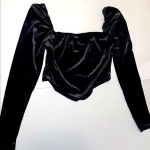 Long Sleeve Faux velvet Black crop top
